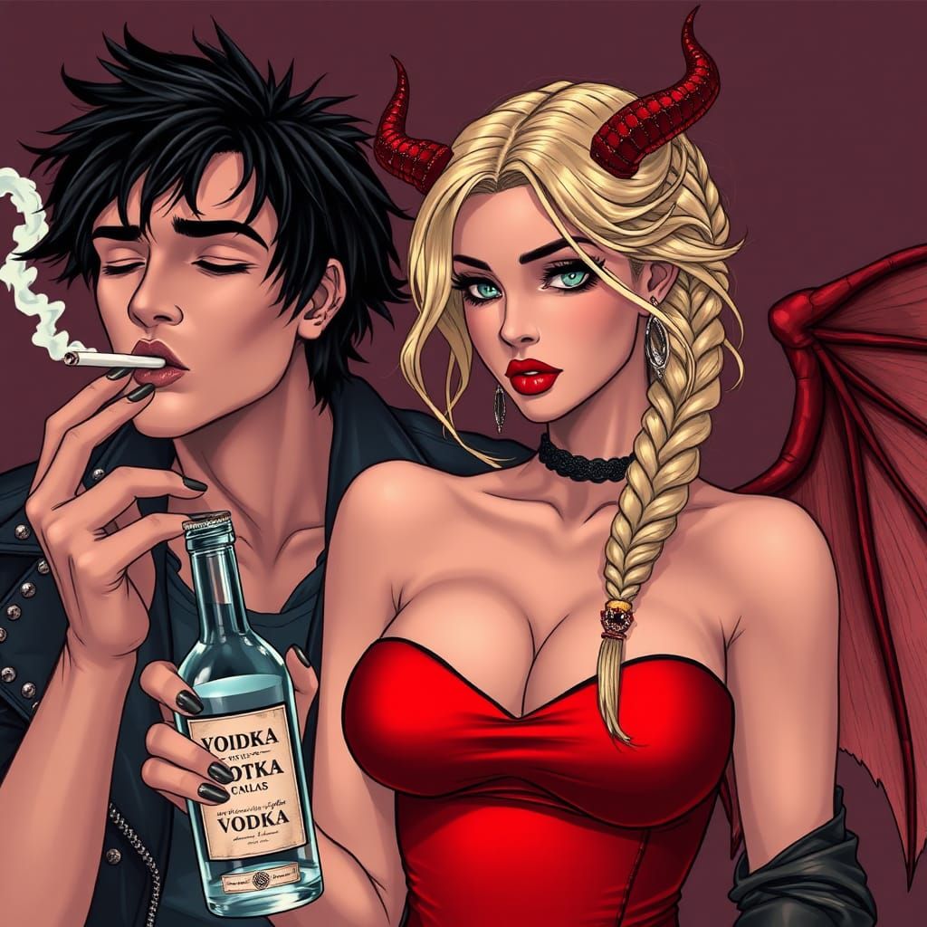 Brunette woman blowing kisses next too
Emo man smoking a joi...