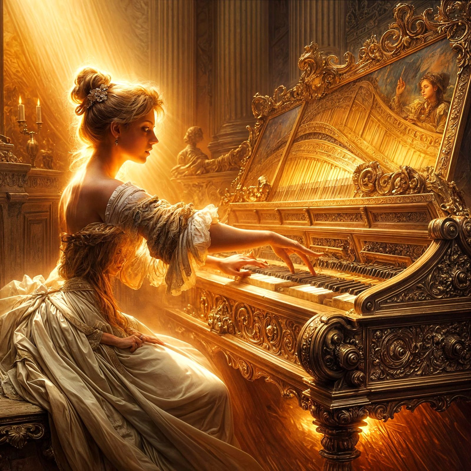 Elegant Harpsichordist in 17th-Century Italian Palazzo