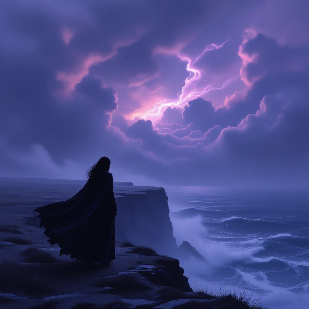 Woman on Windswept Cliff Overlooking Desolate Ocean