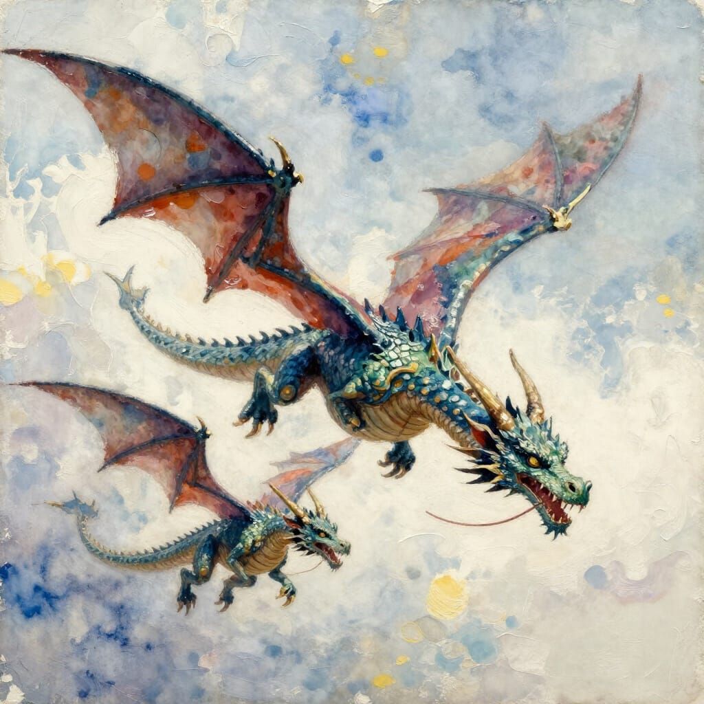 Dragon Family Soaring in Watercolor Masterpiece