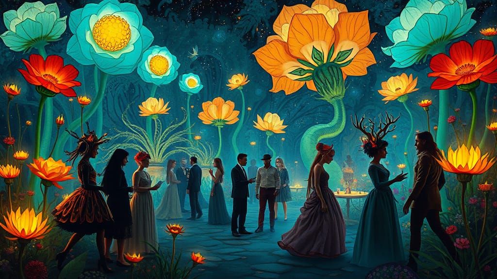 Surreal Garden Party with Bioluminescent Flowers