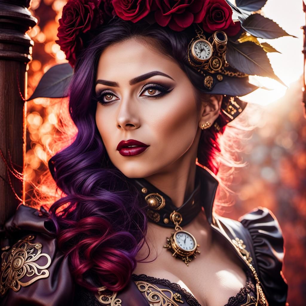 Steampunk Latina Woman Portrait in Watercolor Style