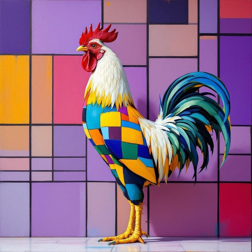 Rooster Merged With Geometric Art, Alla Prima Style
