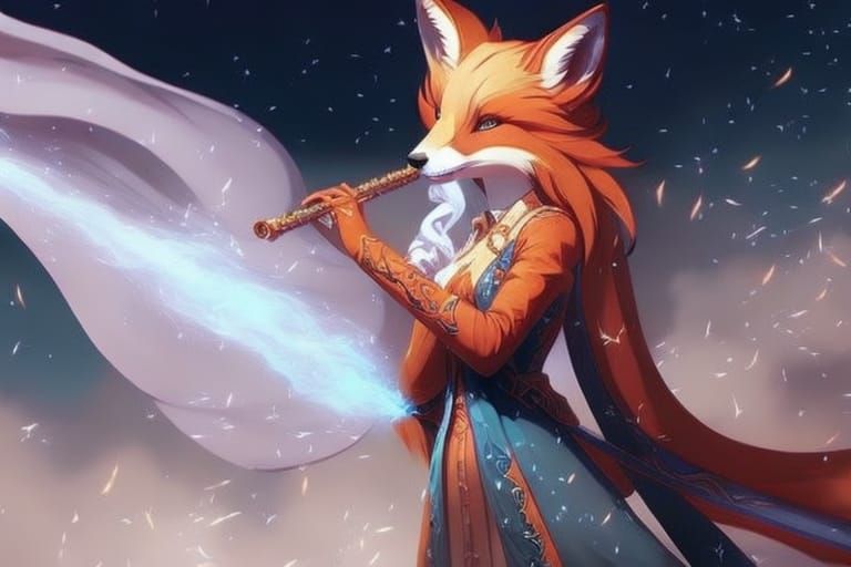 Fox Playing Flute in Astral Winds: Detailed Art