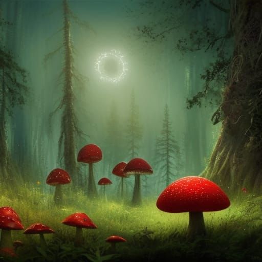 Epic Fantasy: Giant Mushroom in Enchanted Forest