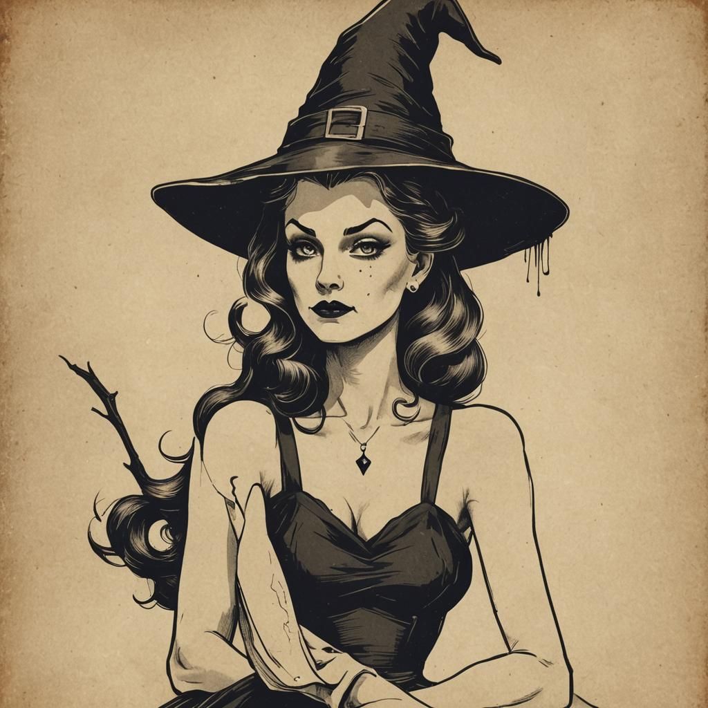 Minimalist Pin-Up Witch in Vintage Style