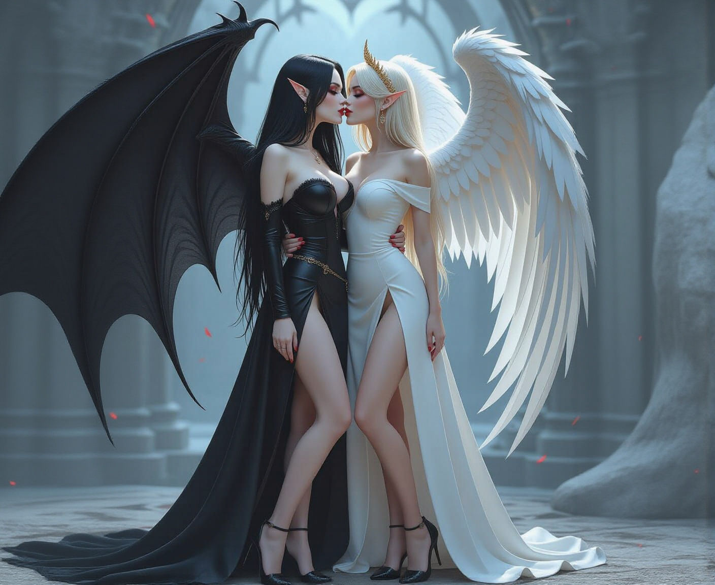 Vampire and Angel Embrace in Dark Fantasy
