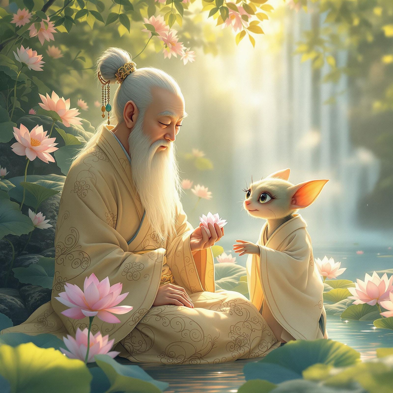 Japanese Woman and Gremlin Monk in Ukiyo-e Style