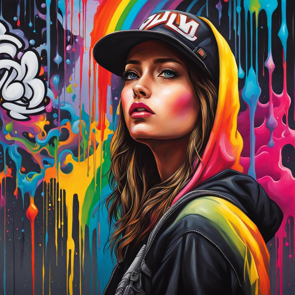 Young Woman and Rainbow in Graffiti Art Style