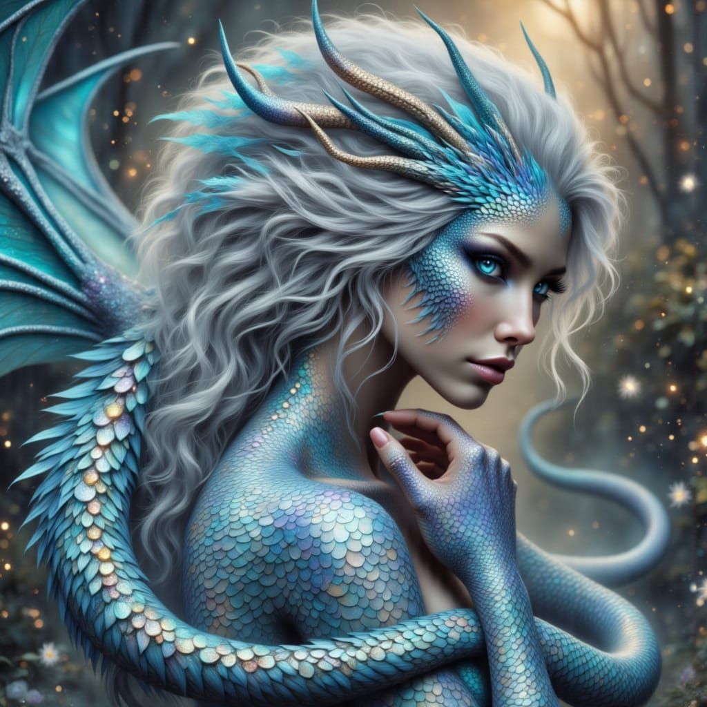 Silver Dragon Woman with Opal Scales in Ethereal Style