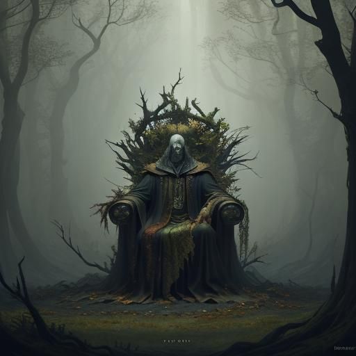 Wilted King on Decaying Throne: Dark Fantasy Oil Painting