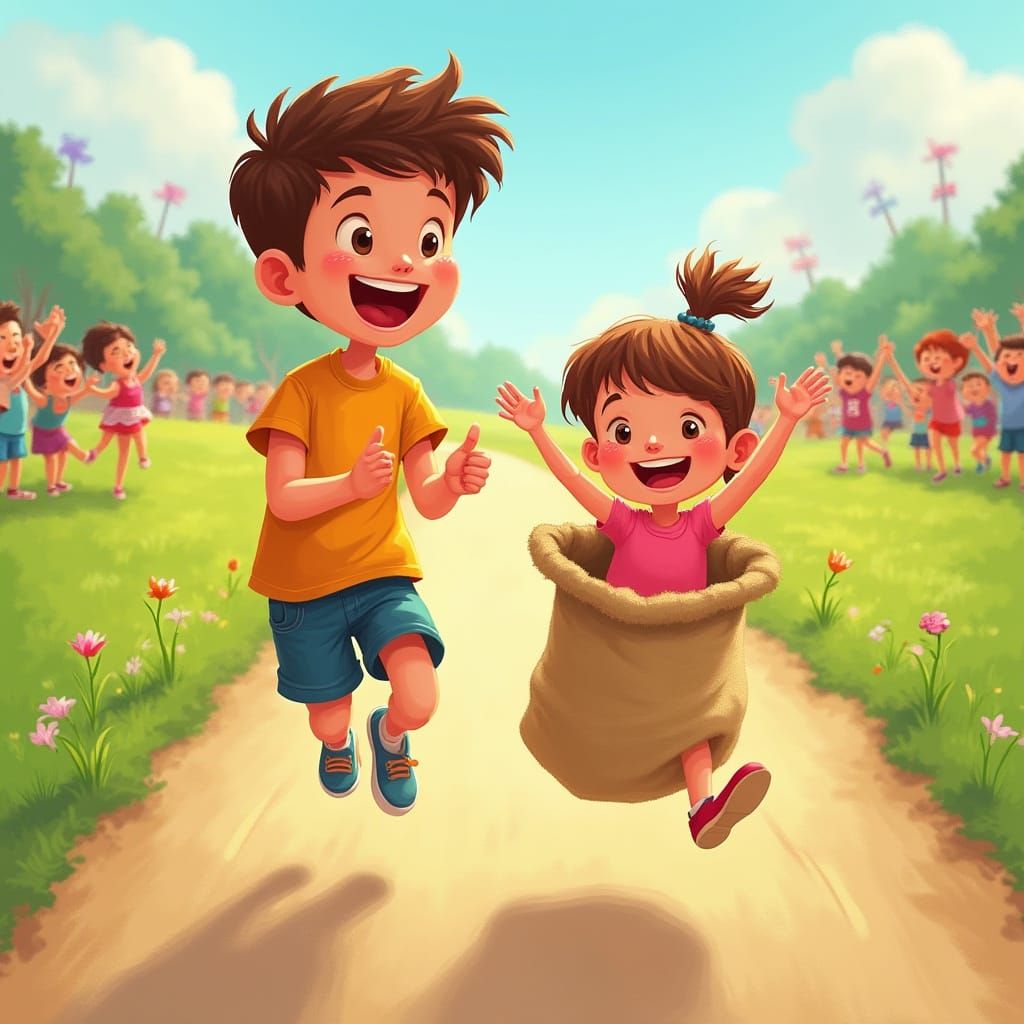 Boy Cheers Sister in Sack Race, Digital Illustration
