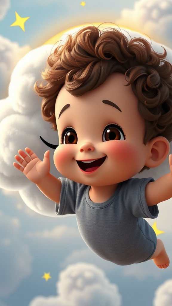Toddler Floating with Smiling Cloud in 3D Cartoon Style