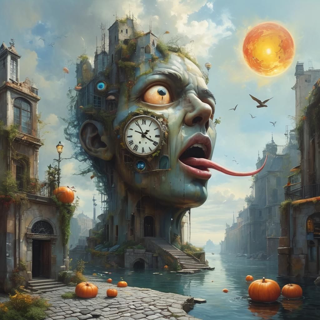"A surreal scene featuring a giant distorted face that merge...
