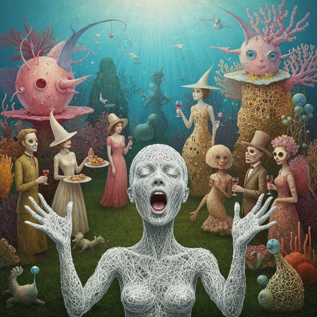 Surreal Underwater Garden Party with Whimsical Creatures