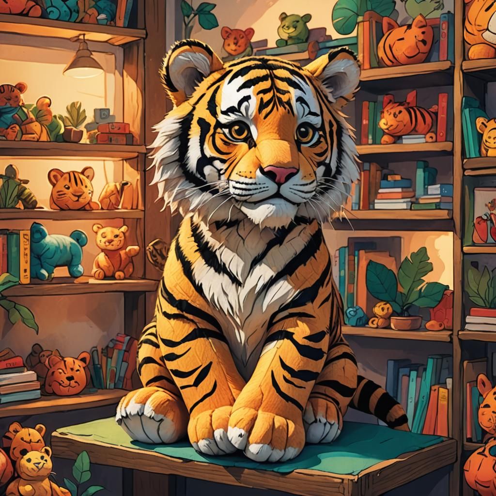Colorful Stuffed Toy Tiger on Shelf