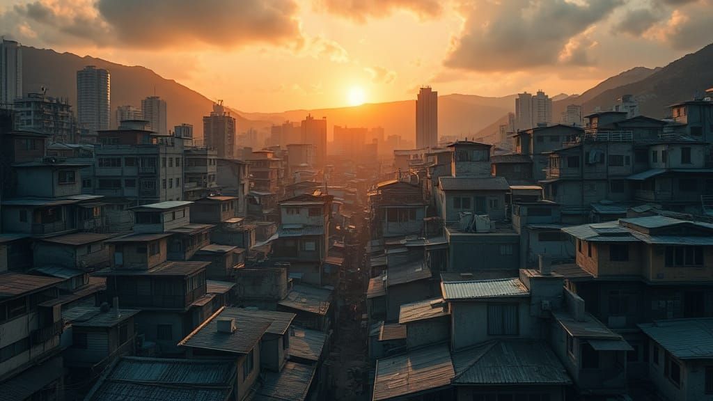 Kowloon Walled City Sunrise in Abstract Expressionism