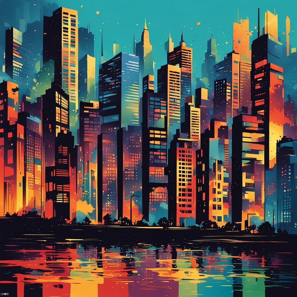 Hyperrealistic Urban Skyline in Splash Art Style