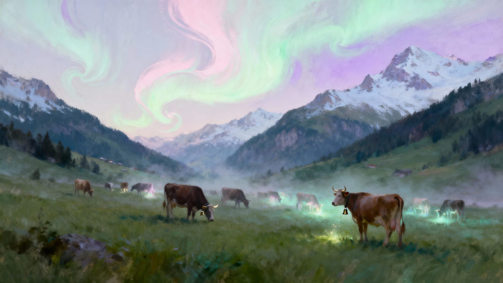 Alpine Valley Under Aurora Borealis in Impressionistic Style