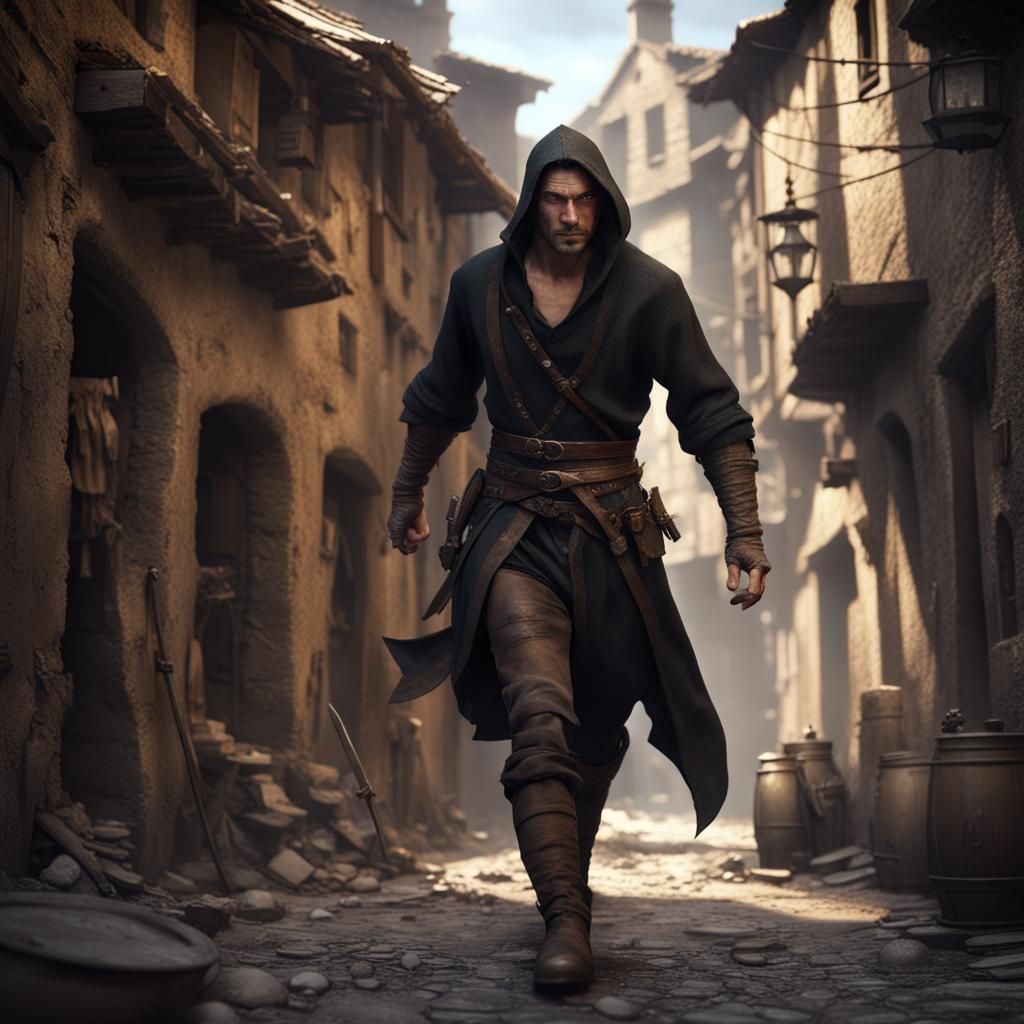 Medieval Thief Runs Through Slums: Fantasy Art