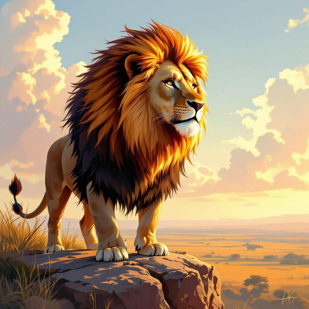 Fiery Lion Overlooking Savannah: Fantasy Concept Art
