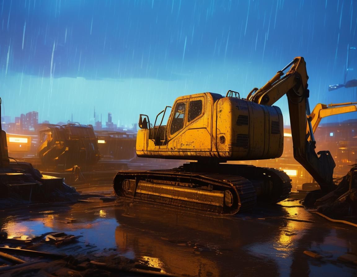 Cyberpunk Excavator Stirring Coffee in Neon Pool