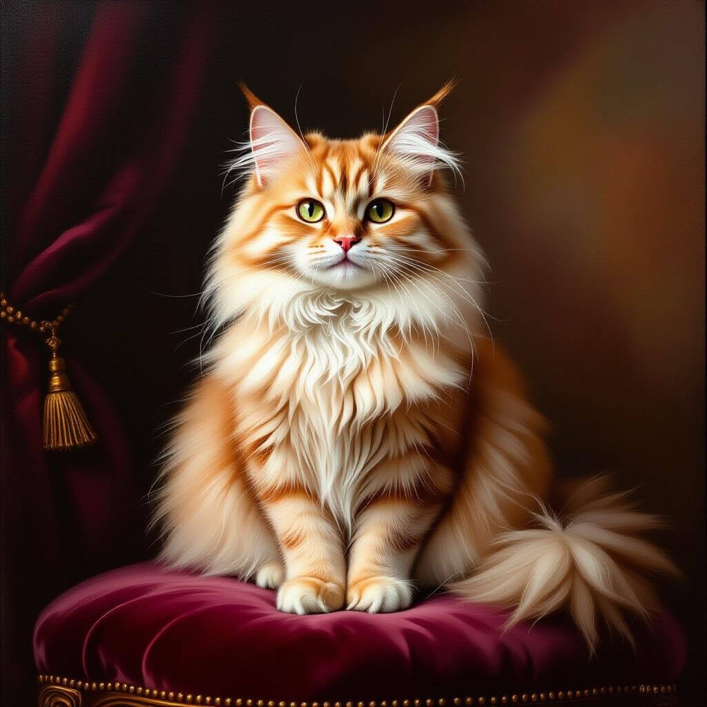 Pink Fluffy Cat on Velvet Cushion