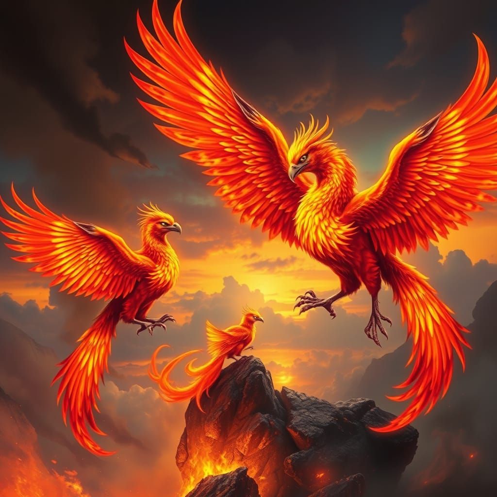 Majestic Phoenix Family in Mystical Twilight Sky