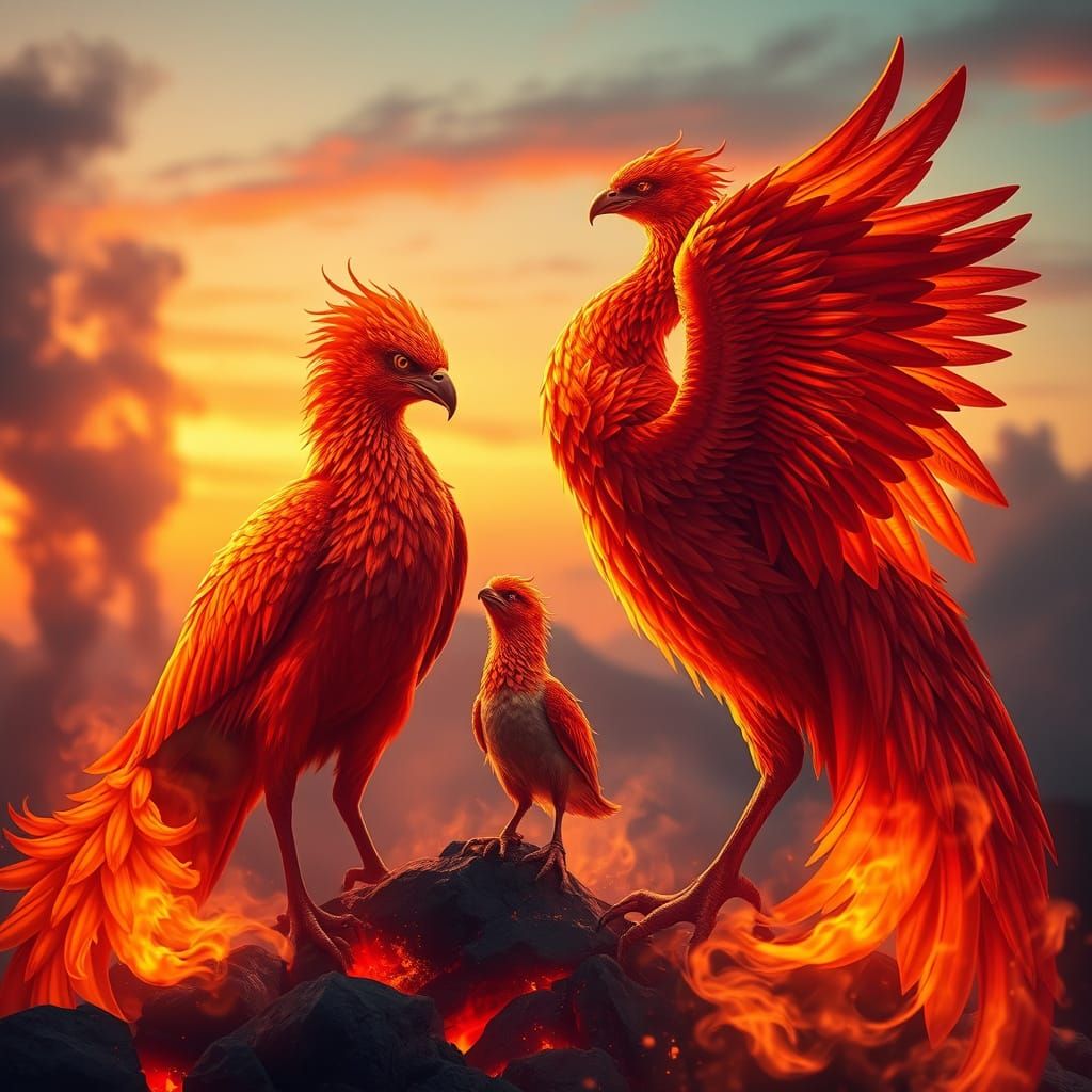 Phoenix Family in Fiery Twilight