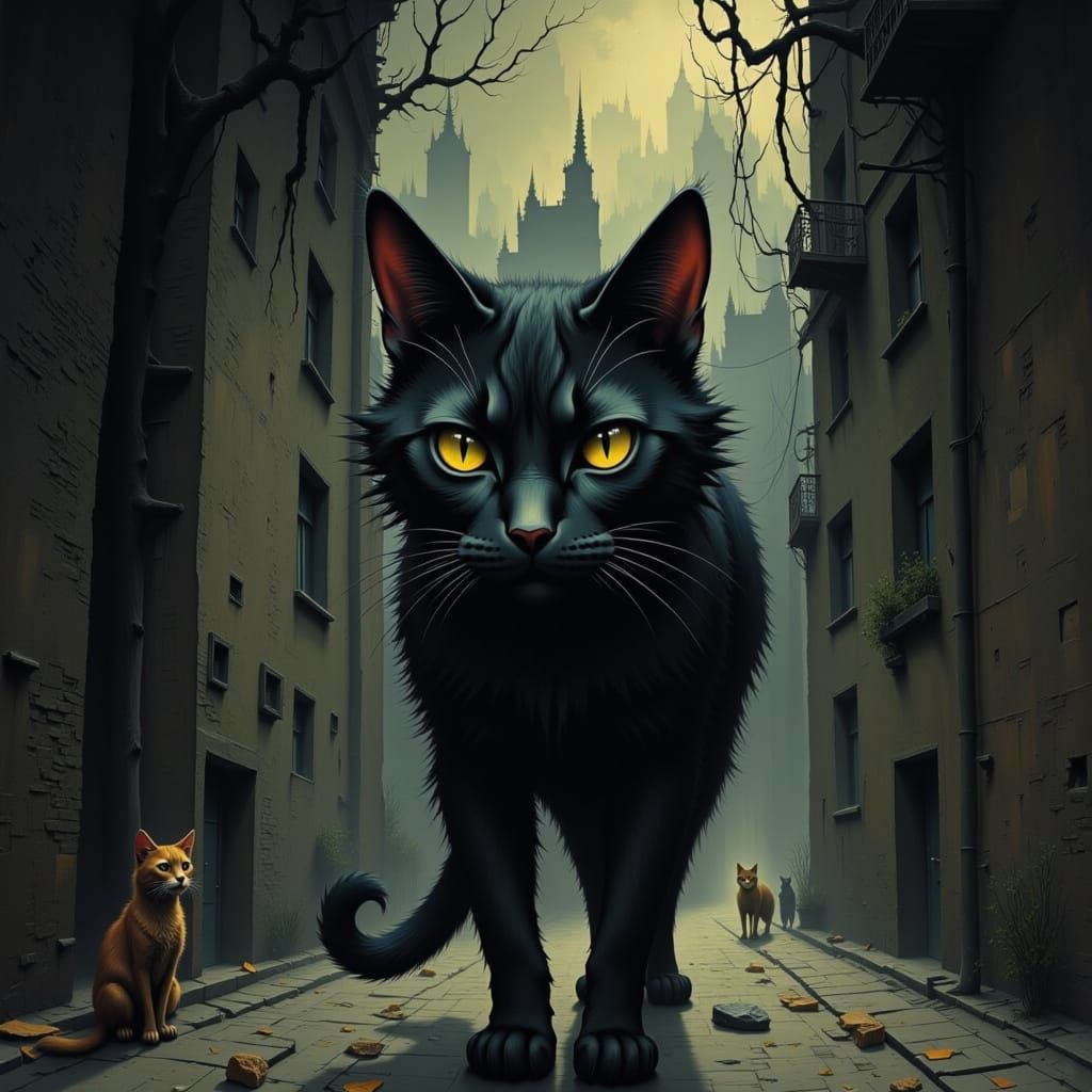 Scrawny Black Alley Cat in Digital Art Style