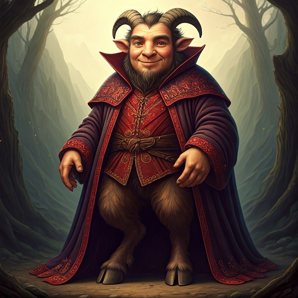 Whimsical Satyr in Dark Purple and Red Robes