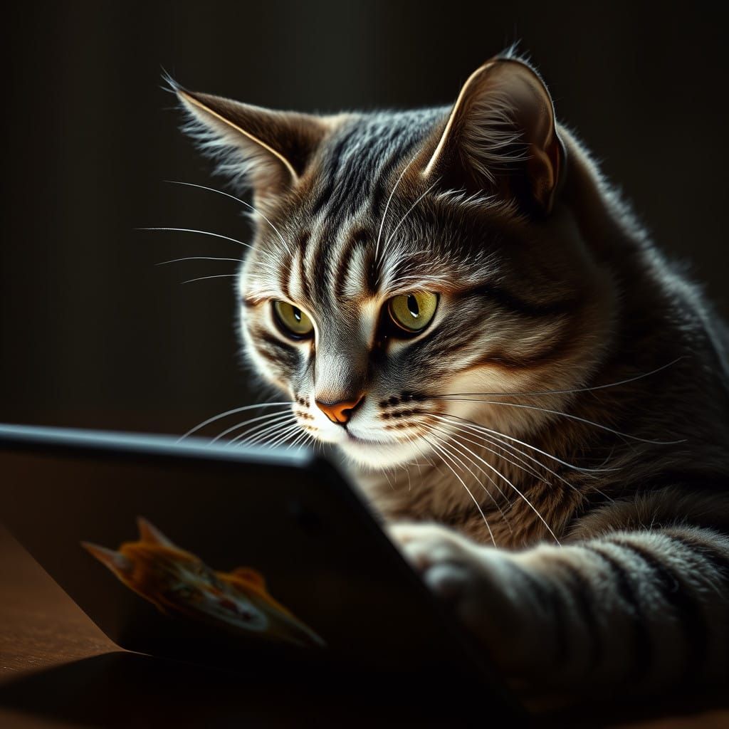 Grey Tabby Cat Captivated by Feline Videos on Tablet in Mood...