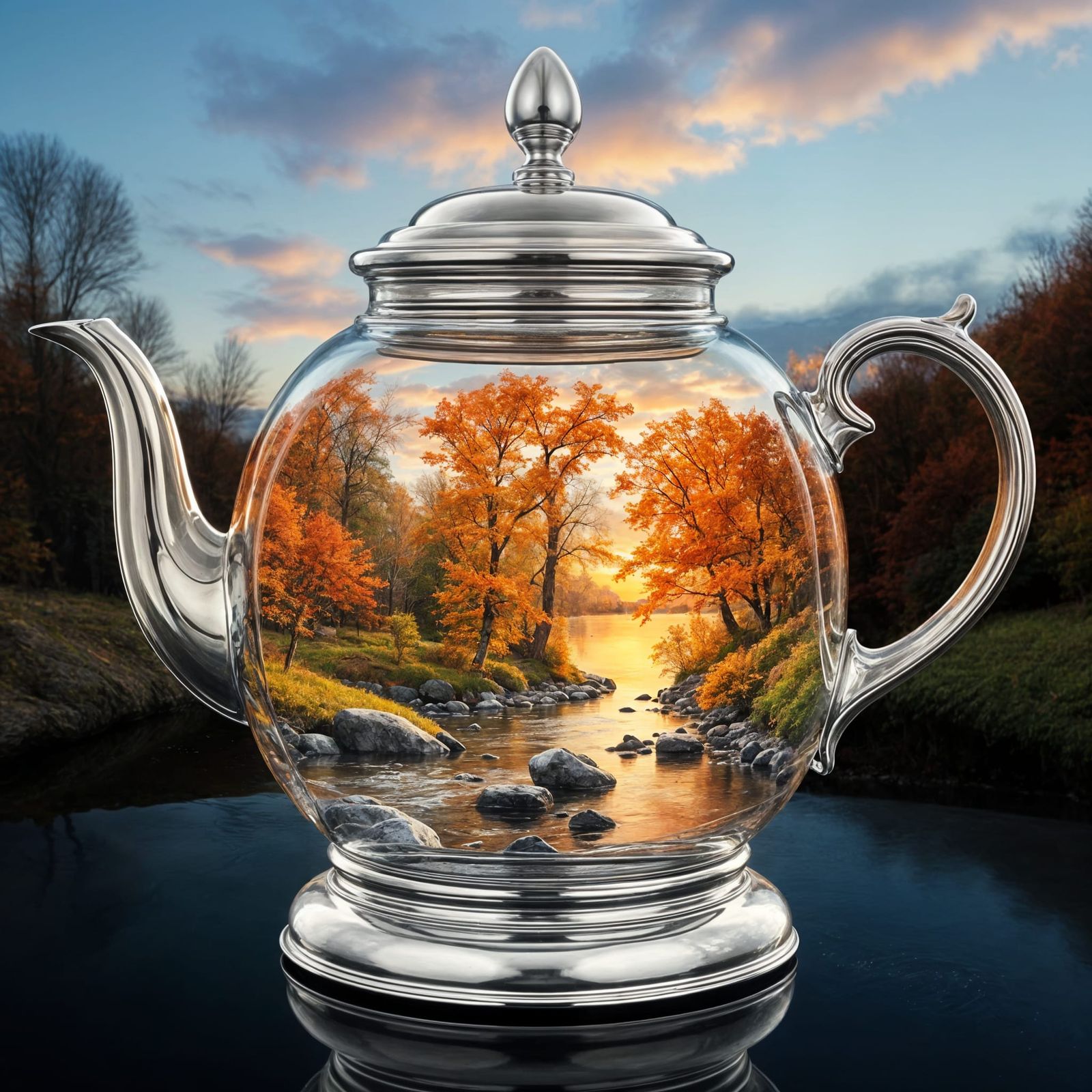 Autumn River Flows Through Glass Teapot