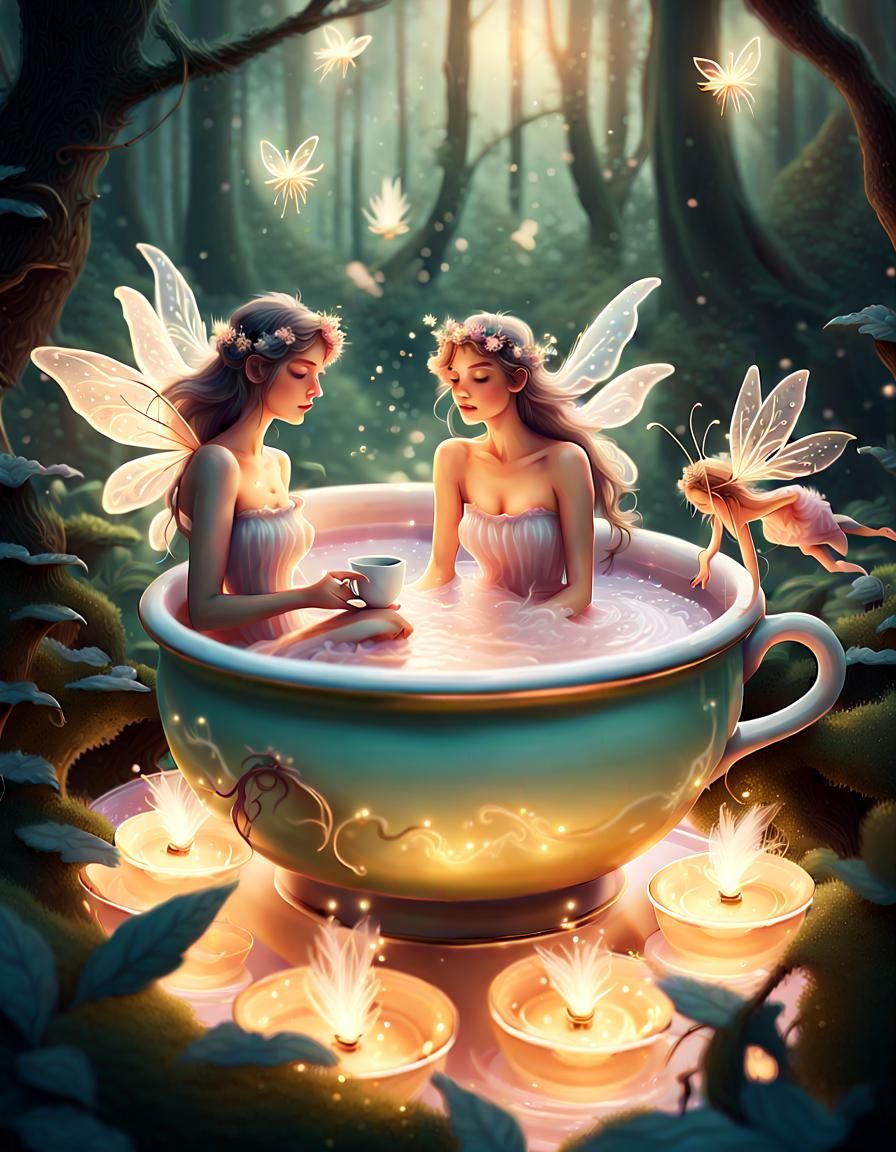 Fairies Relaxing in Forest Teacup Hot Tubs