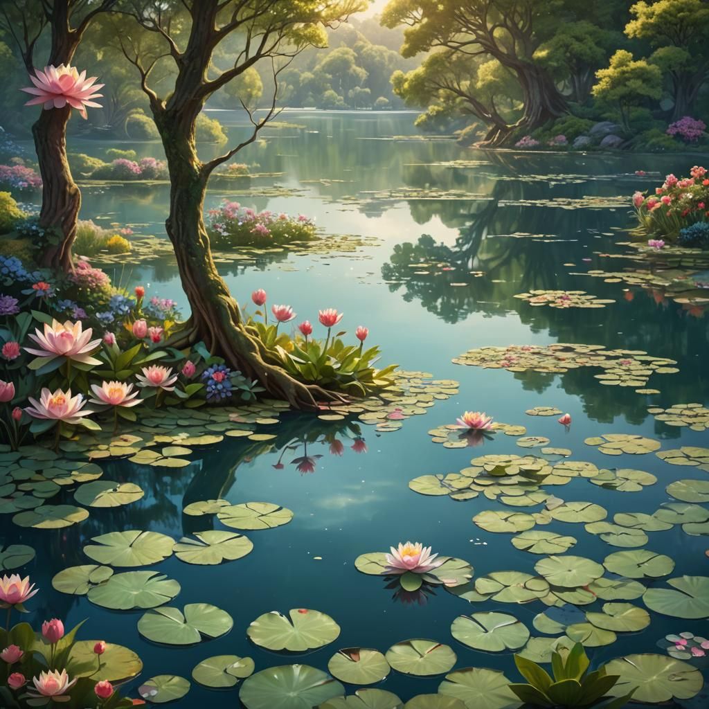 Serene Lake with Majestic Tree: Fantasy Concept Art