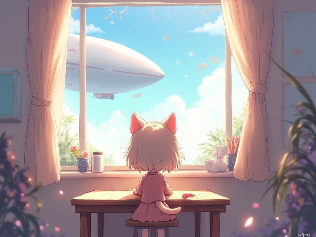 Chibi Anime Catgirl Gazing at Airship