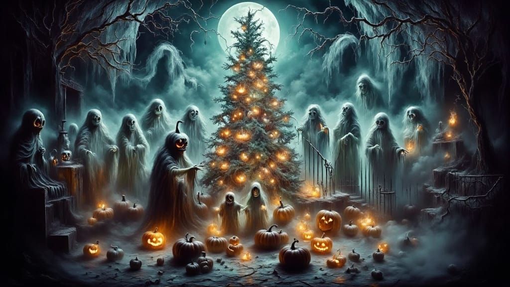 Undead Carolers Haunt Christmas Scene in Spooky Art Style