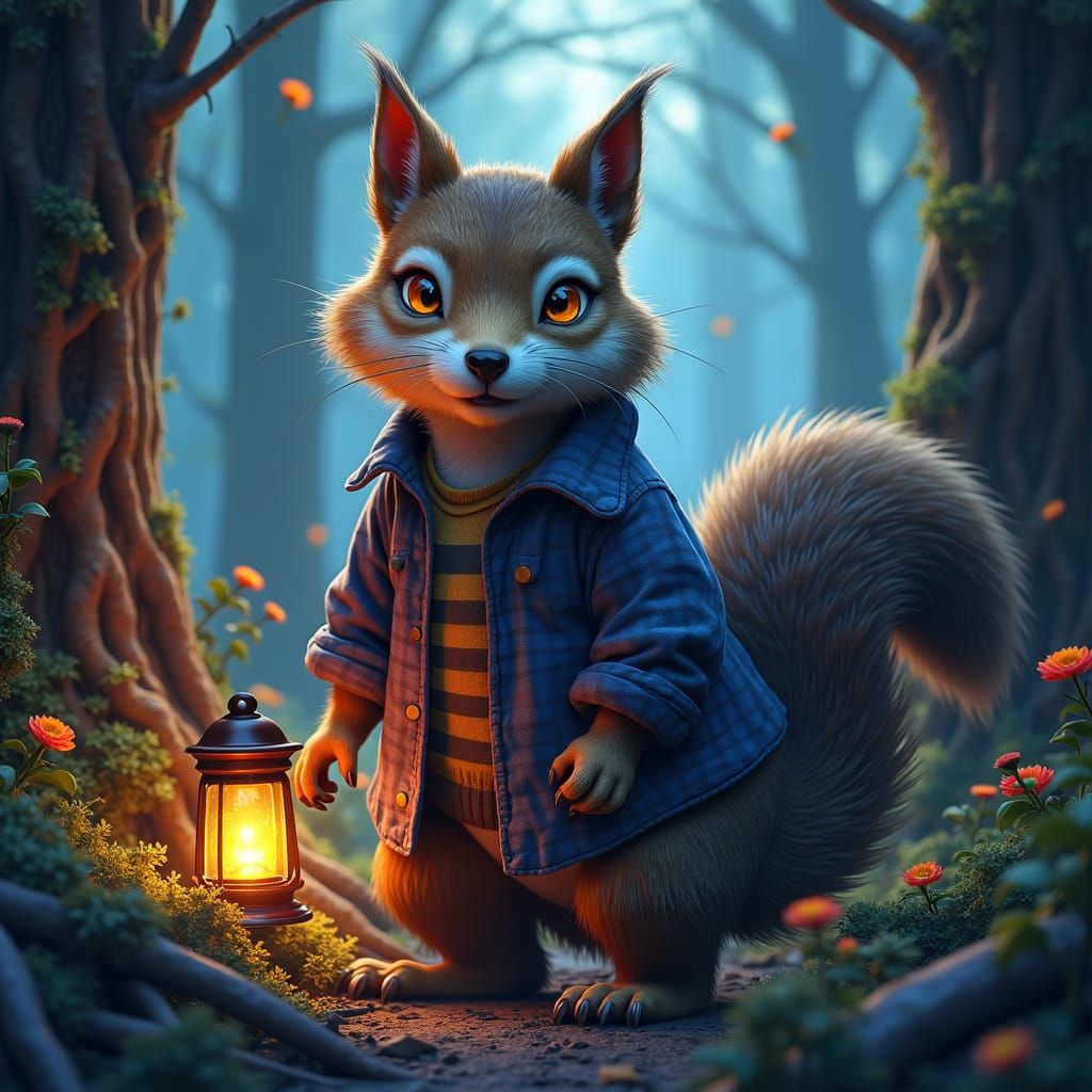 Squirrel Werewolf in Forest, Matte Painting