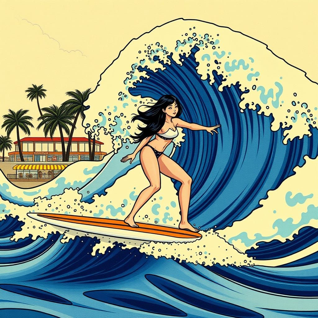 Asian Surfer in Hokusai Wave Style