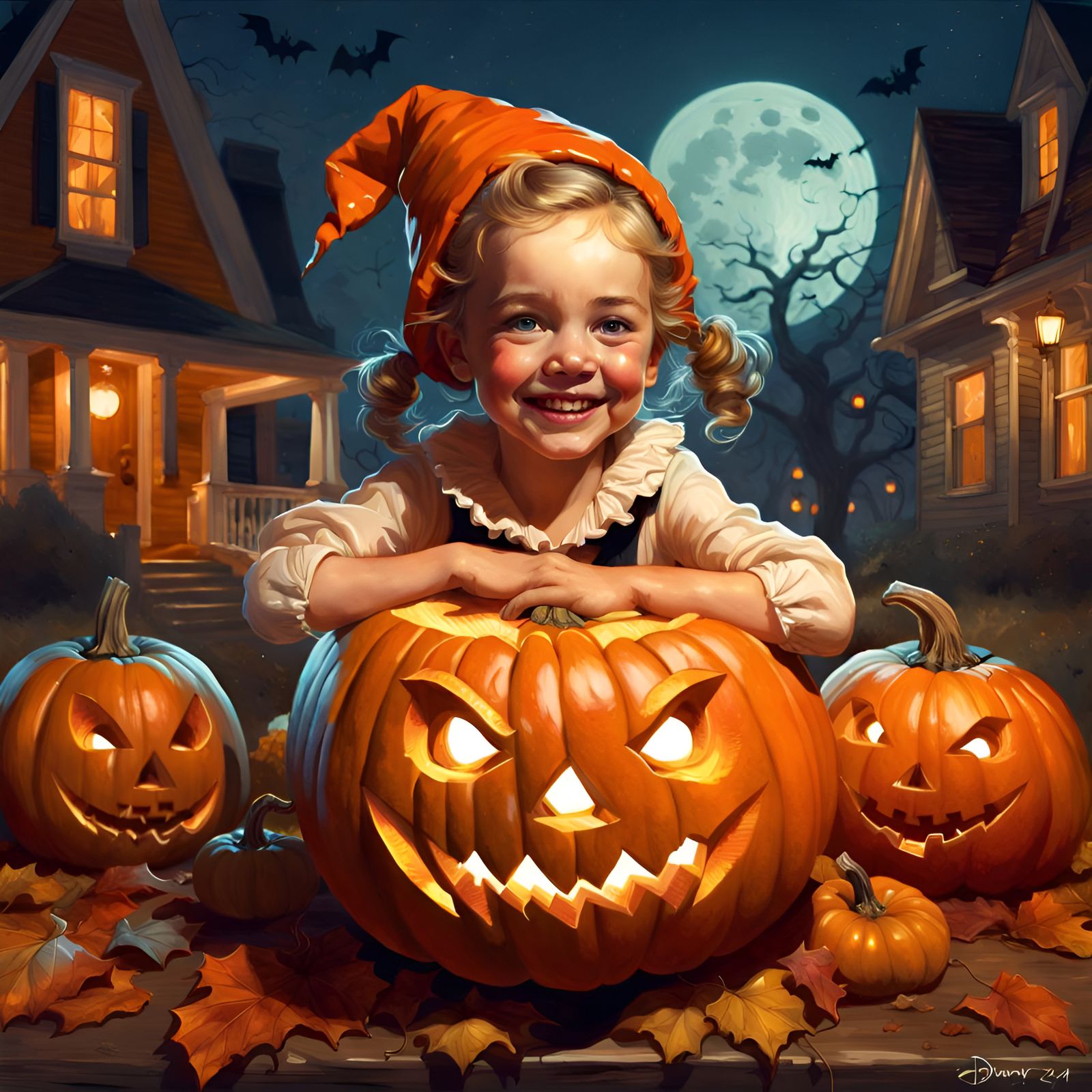 Happy Halloween Pumpkin Portrait in Digital Illustration Sty...