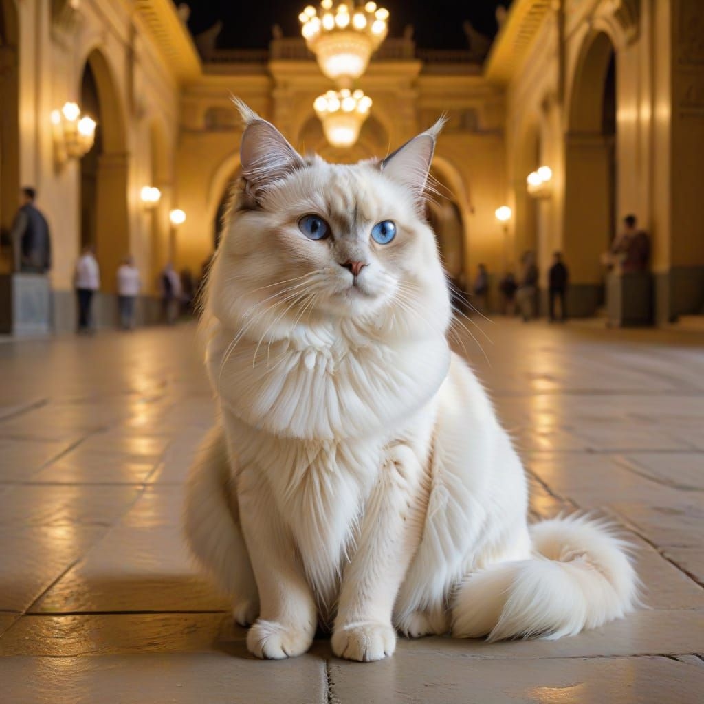 Colossal Birman Cat in Golden Palace Courtyard