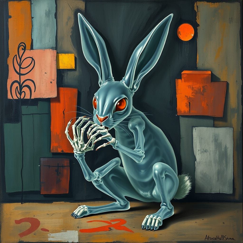 Skeletal Rabbit Menace in Expressionist Abstraction