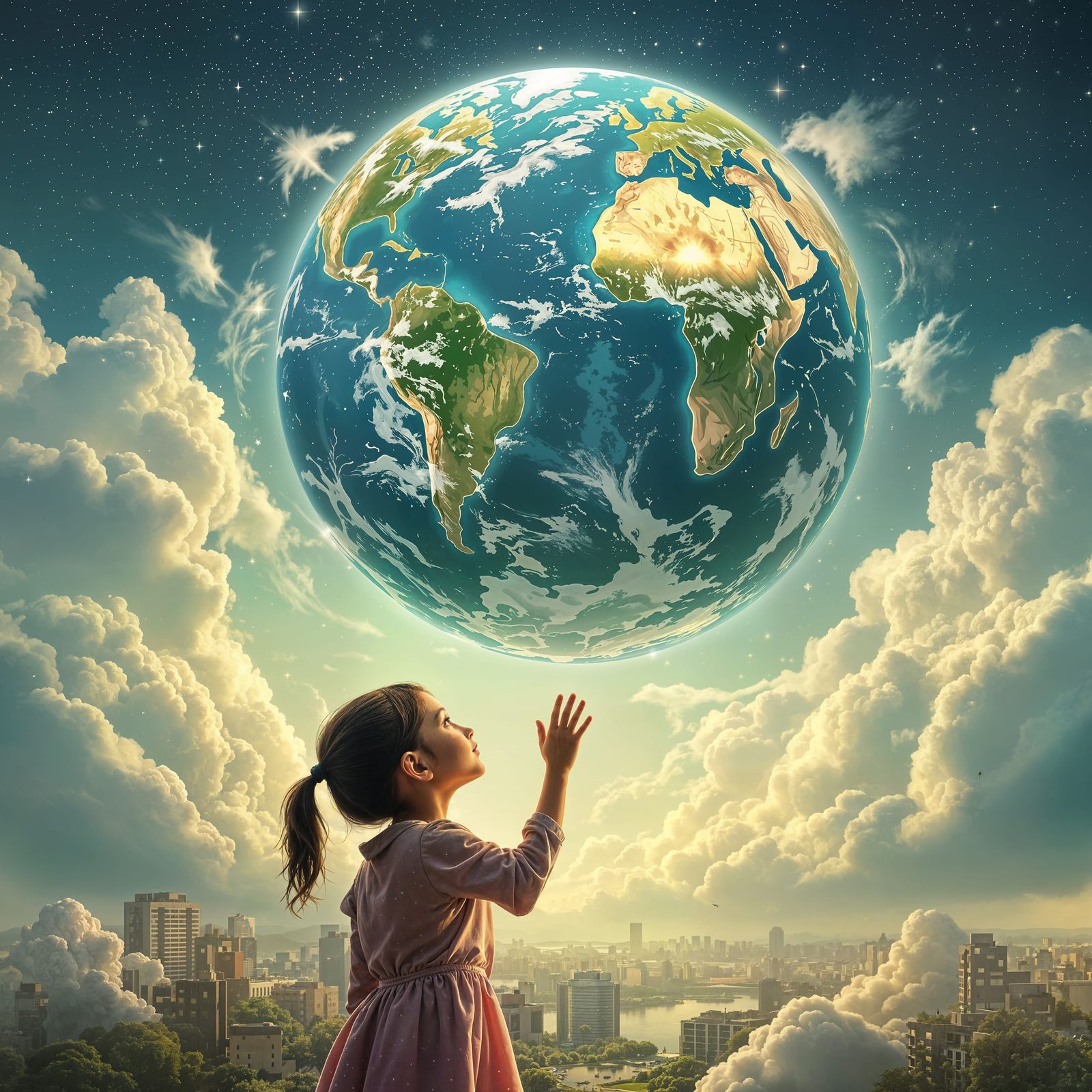 Girl Reaches for Earth in Dreamlike Cityscape