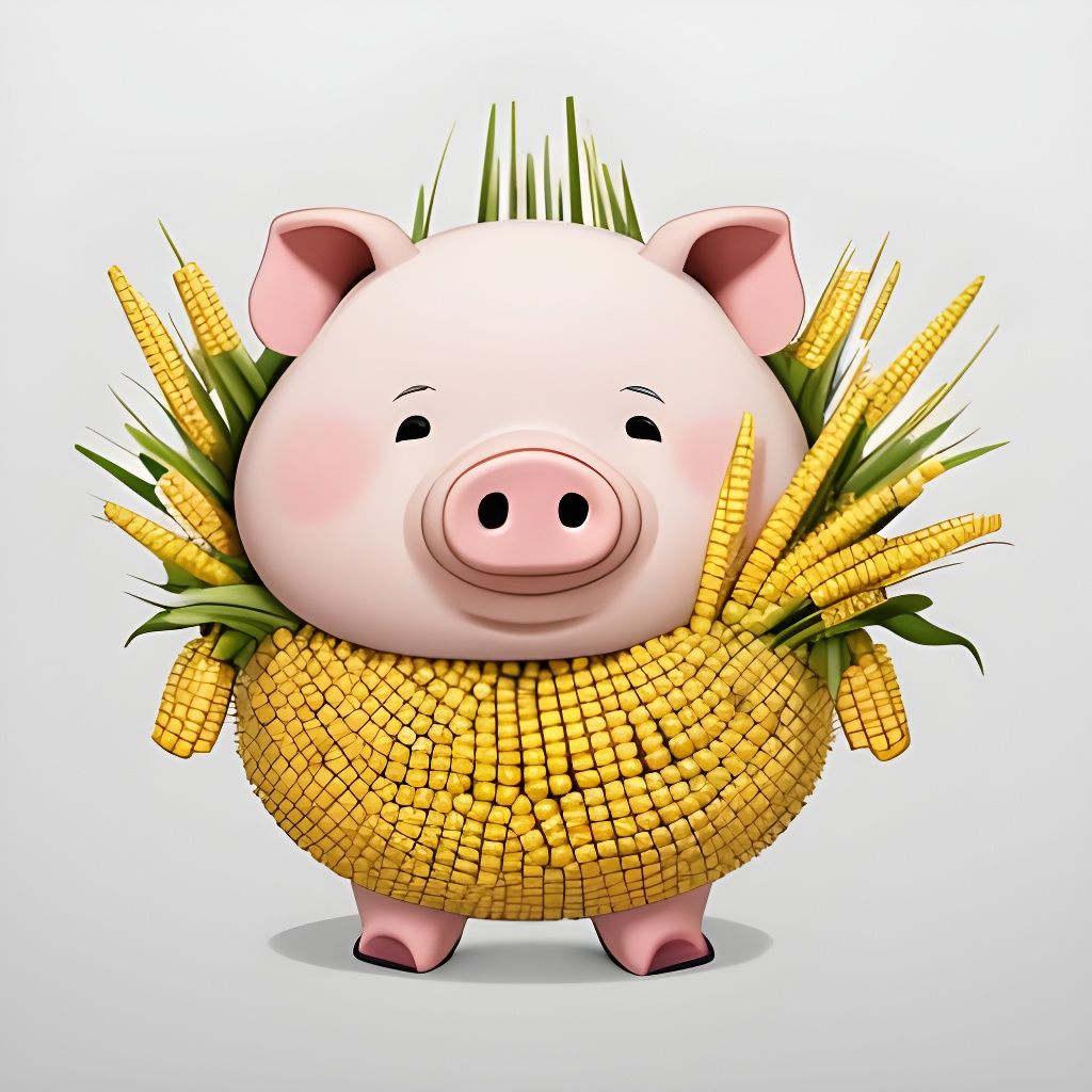 Minimalist Pig Holding Corn Bouquet in Yellow Tones