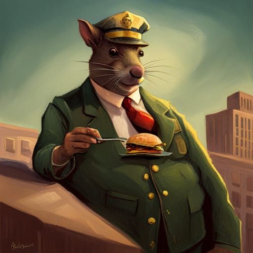 Sinister Police Rat Eating a Burger