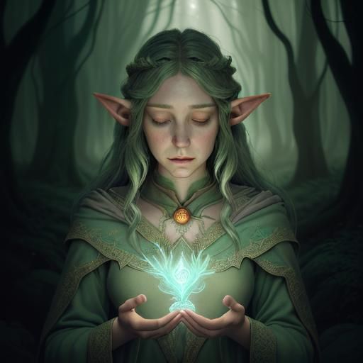 Elf Casting Healing Spells in Dreamlike Fantasy Art