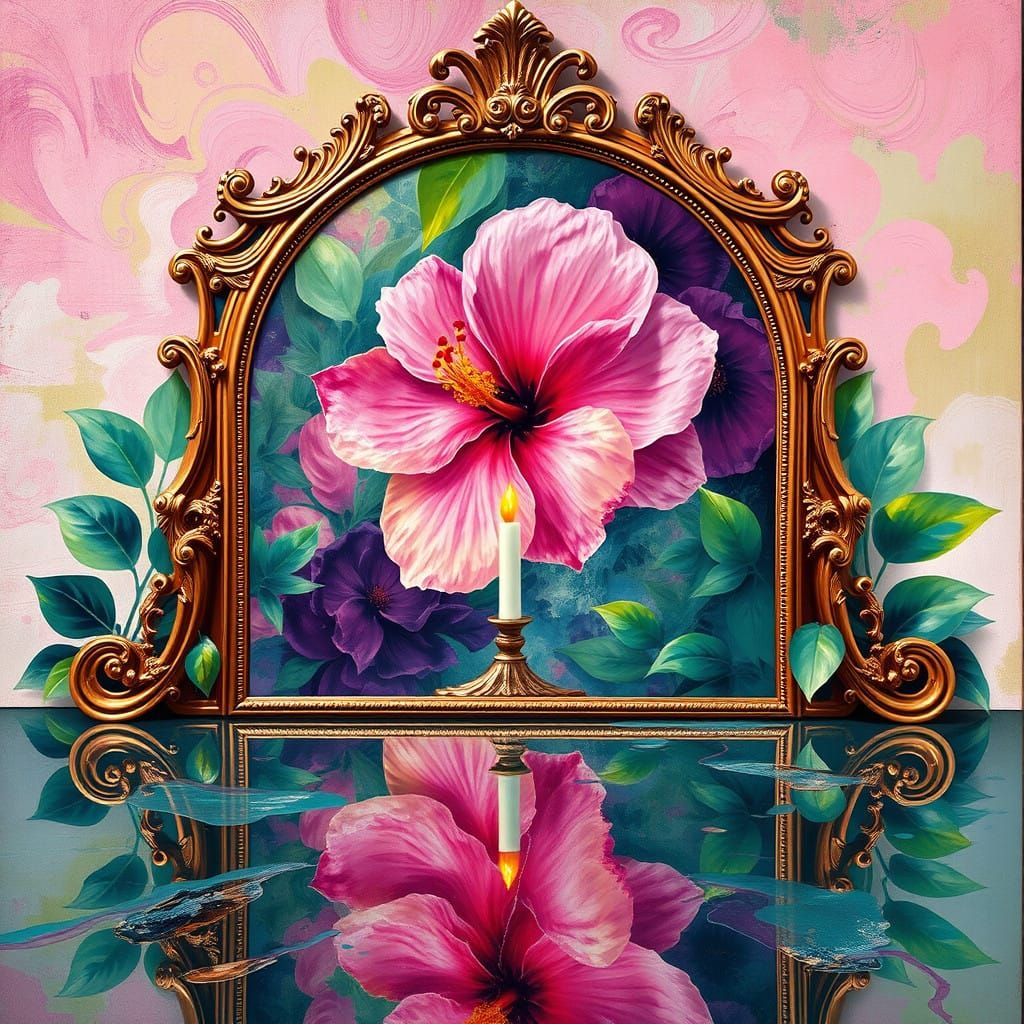 Dreamlike Mirror with Lavish Rose Gold Frame and Vibrant Flo...