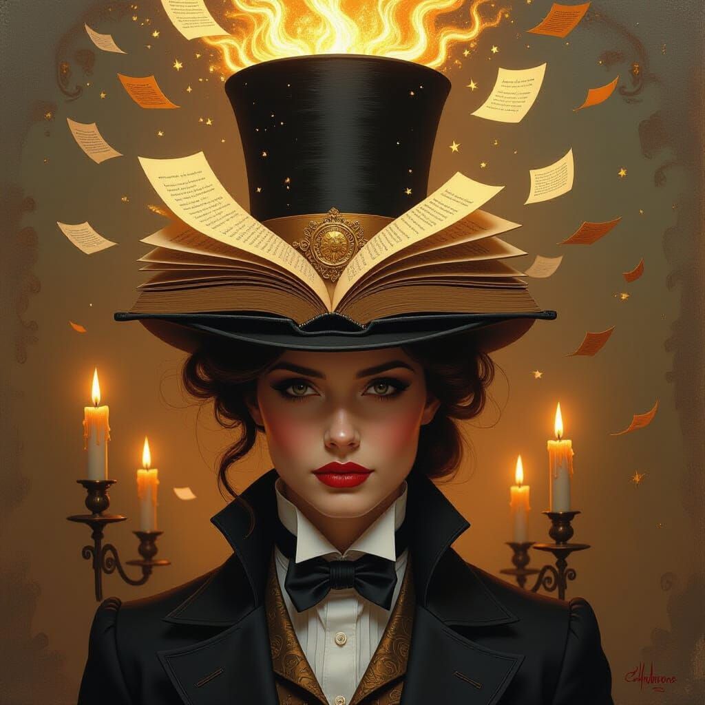 Surreal Book Hat Portrait with Fluttering Pages