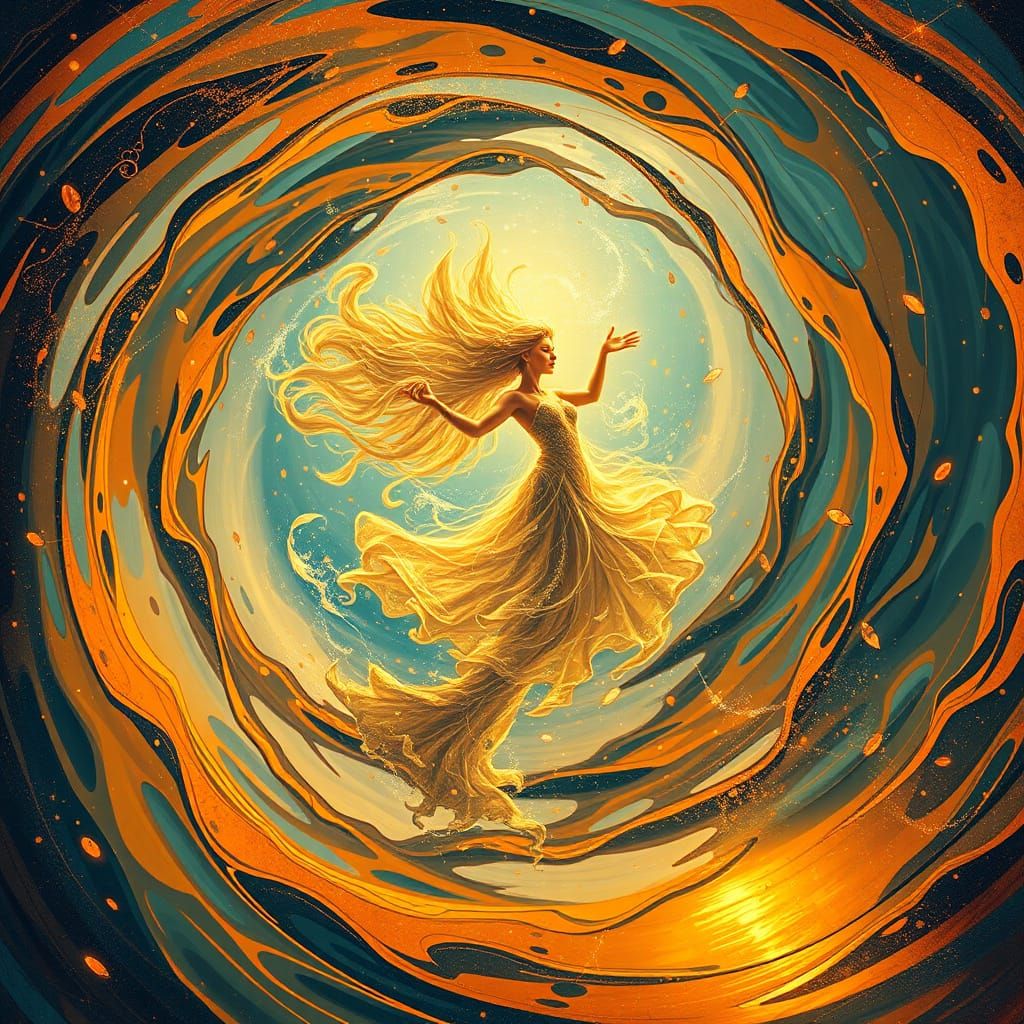 Whimsical Water Nymph Dances in Vibrant Orange Hues