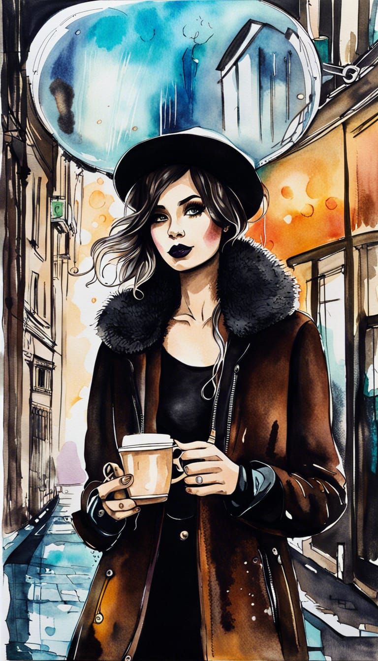 Bubble Goth Coffee Scene in Watercolor